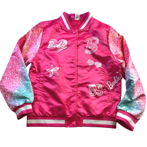 Barbie Other - Barbie Girls Pink Varsity Bomber Jacket Glitter Ombre Sleeves Size 14/16 NWT